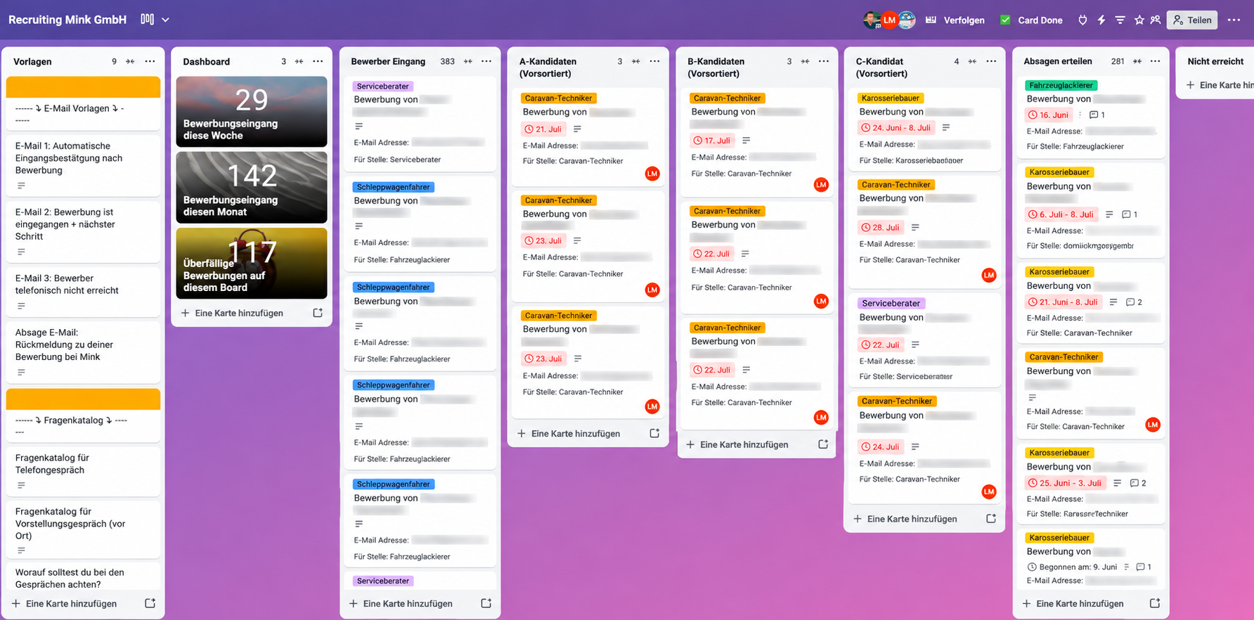 Anonymisiertes Bewerberboard der Mink Recruiting-Kampagne